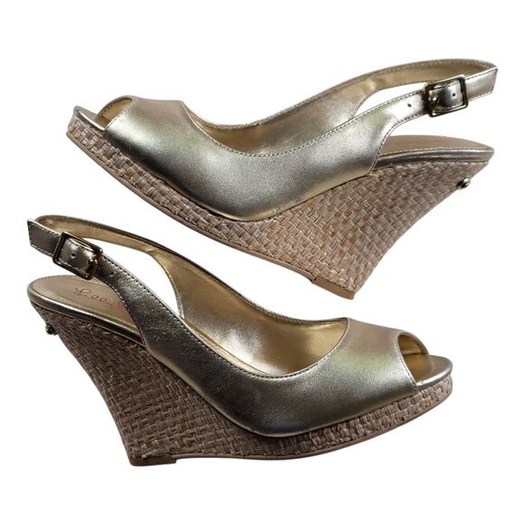 Lilly Pulitzer Kristen Gold Metallic Peep Toe Sling Back Wedge Sandals Sz 7 - Picture 4 of 11